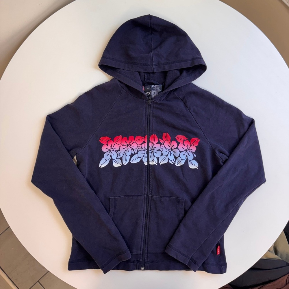 Roxy Navy Blue Full Zip Hoodie Hibiscus Floral Graphic Y2K Surf Sweatshirt M